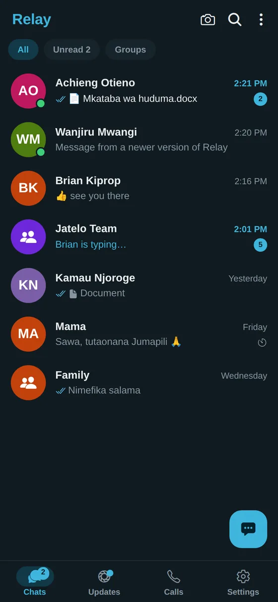 The chat list in dark mode