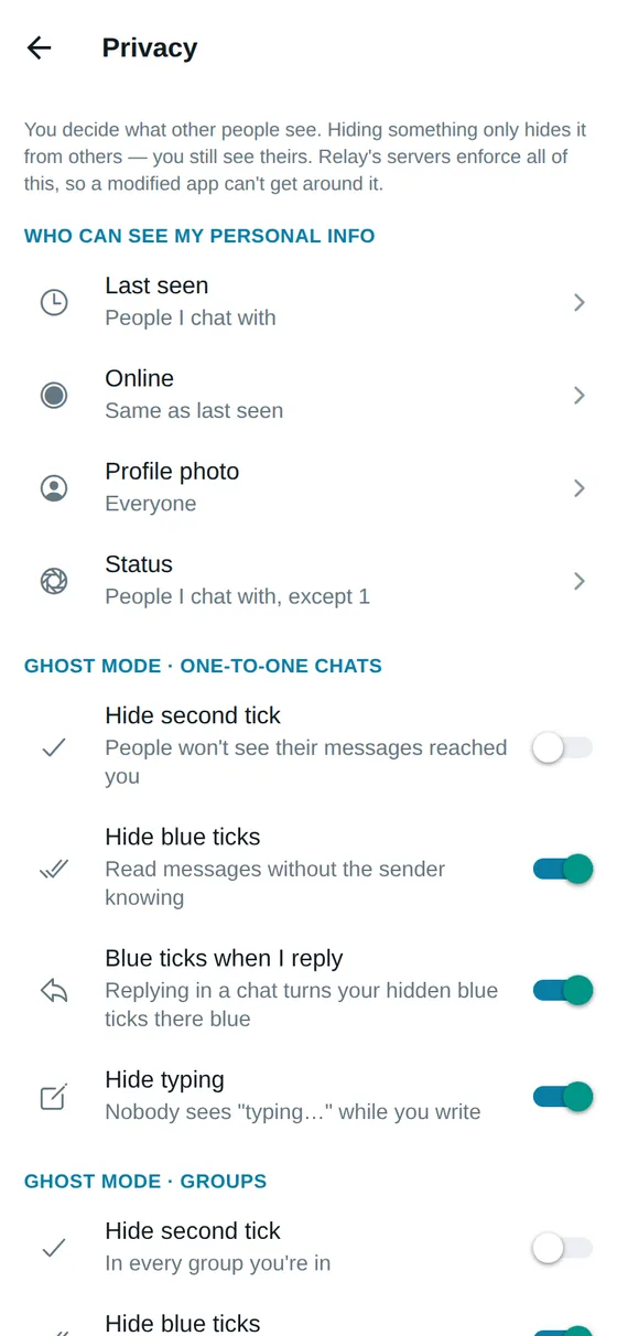 Privacy settings: last seen, online, read receipts and typing